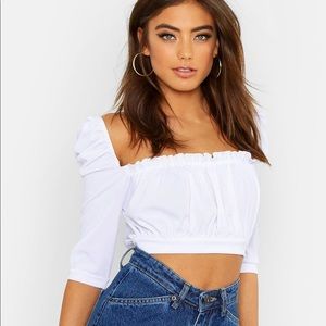 Boohoo Rib Ruffle Edge Puff Sleeve Crop Top